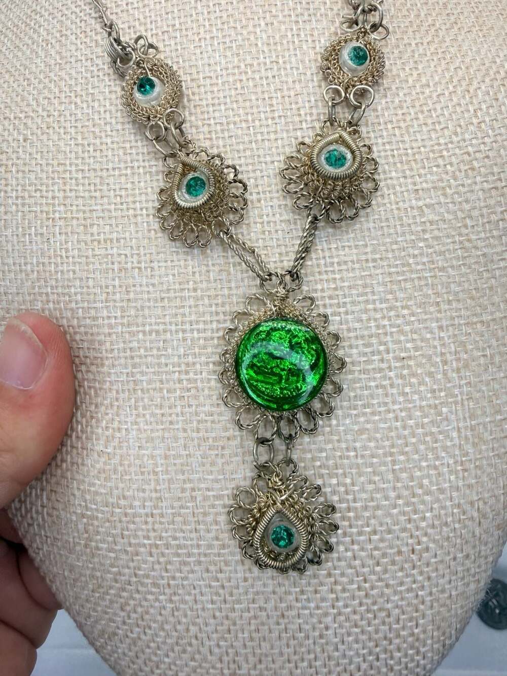 Antique Silesian Iron Wirework Necklace 14 Inch Green Czech Glass
